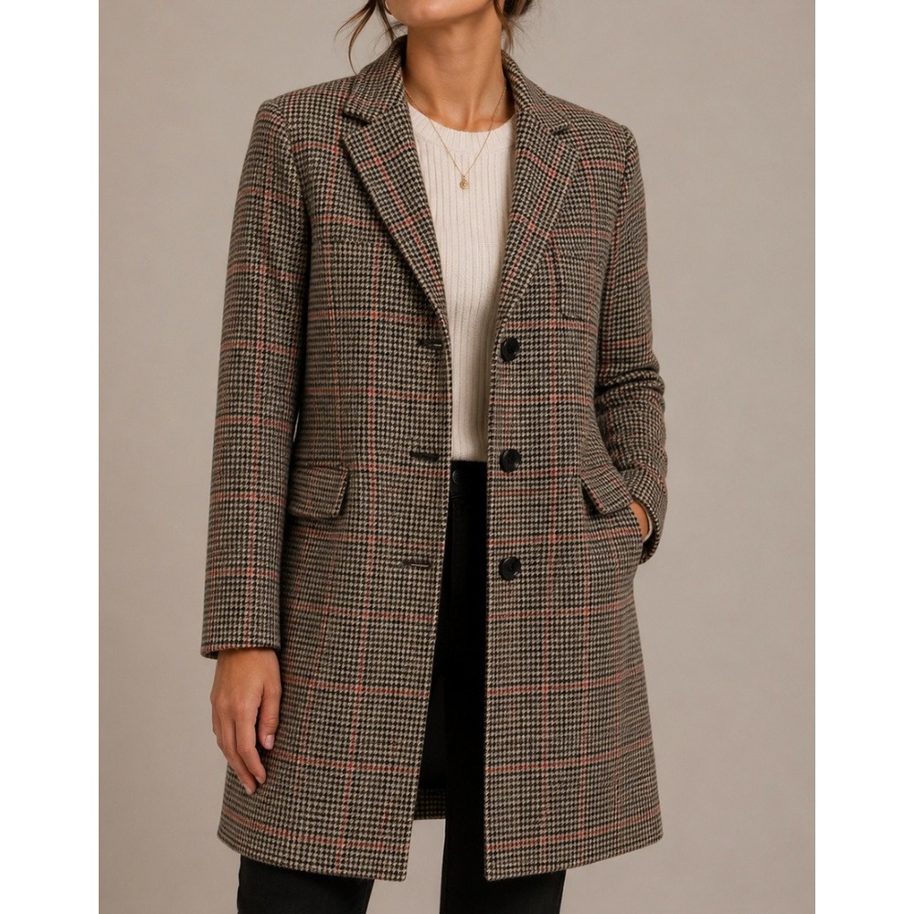 Ralph Lauren Black Label Wool Blend Houndstooth Walking Coat Brown LR2523 Sz 6